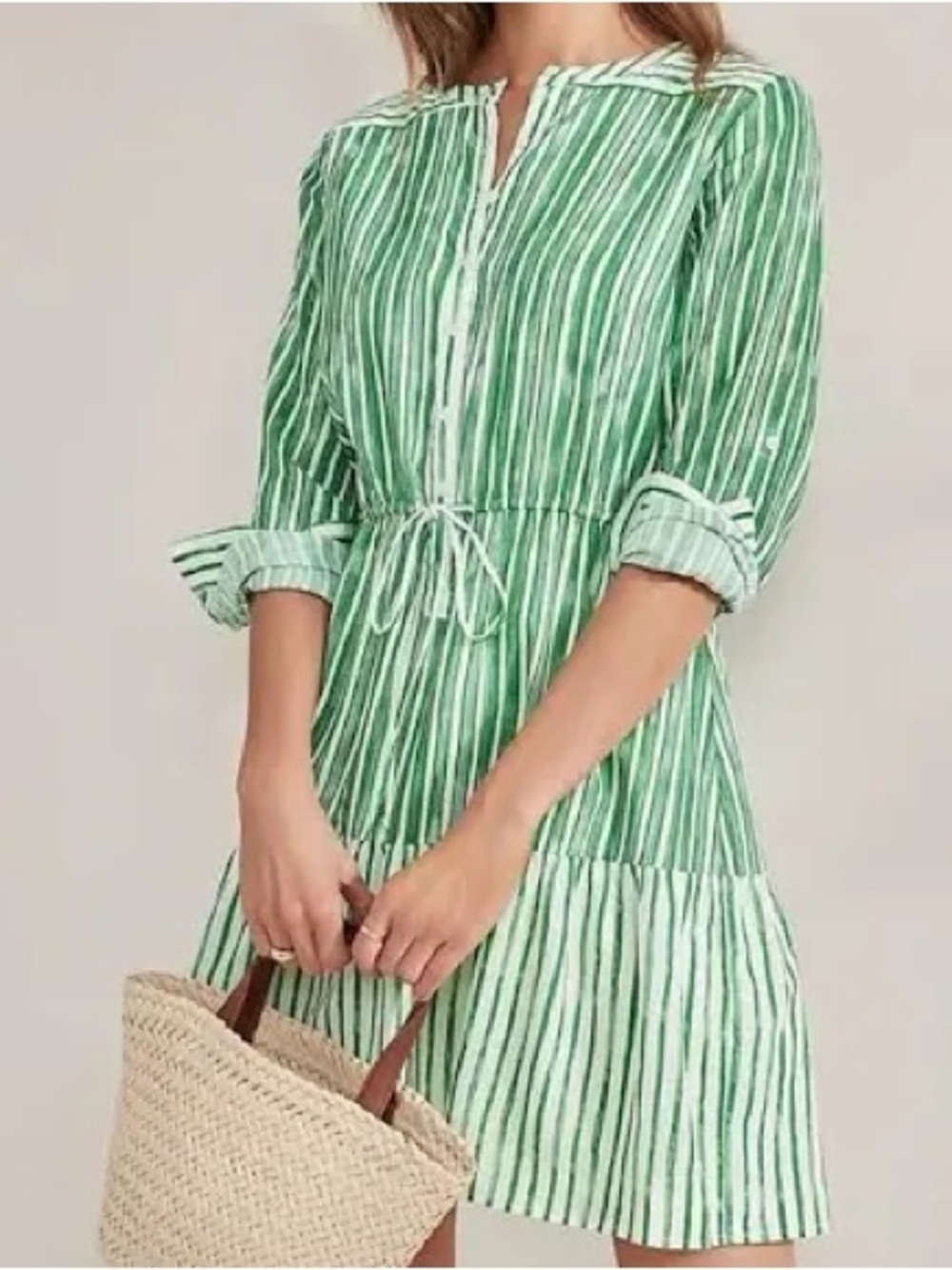 Loft green and white striped button front shirt dress size XS